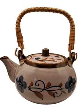​Vtg Otagiri style Stoneware Teapot Made in Japan Woven Cane Handle Boho Floral